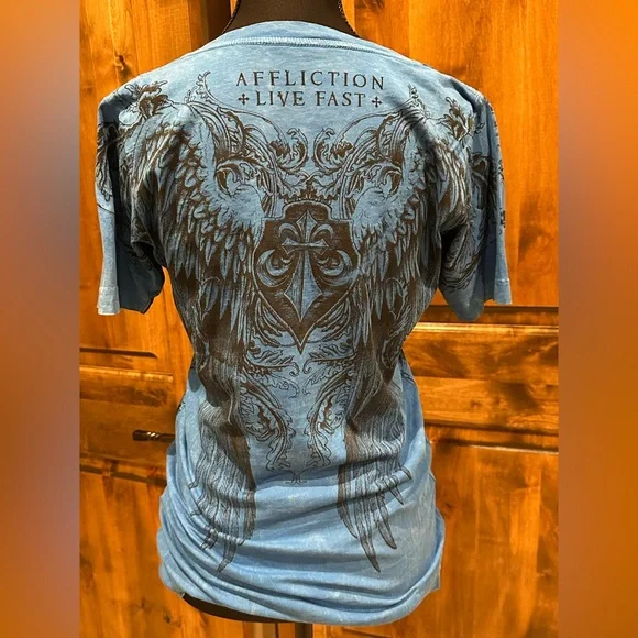 Affliction Blue and Black V-Neck Short Sleeve Top - Picture 3 of 4